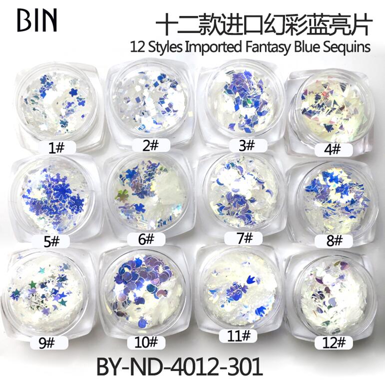12 Styles Imported Fantasy Blue Nail Sequins